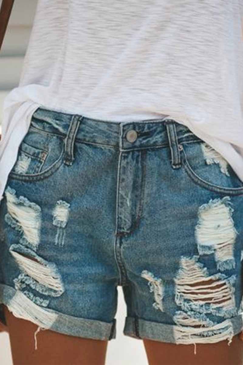 Xieyinshe  Fashion Street Ripped Denim Straight Shorts