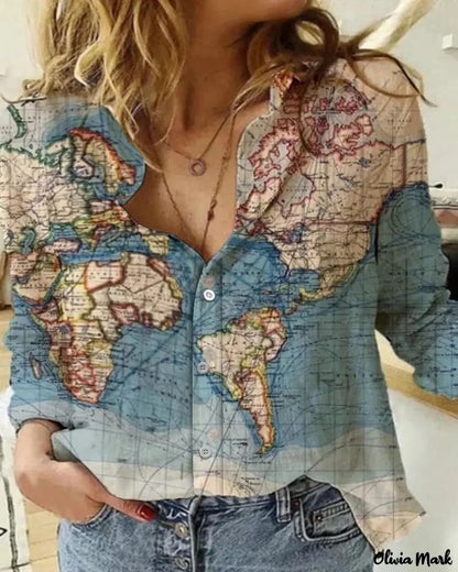 Xieyinshe - Map Print Long Sleeve Button Down Shirt