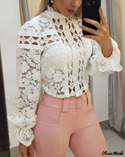 Xieyinshe - Hollow Out Long Sleeve Lace Top