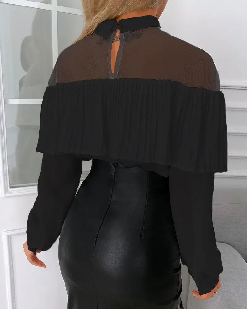 Xieyinshe - Sheer Mesh Ruffle Hem Long Sleeve Top