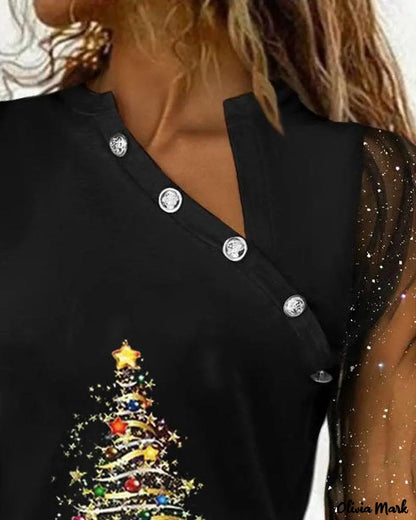 Xieyinshe - Christmas Tree Print Sheer Tulle Long Sleeve Top