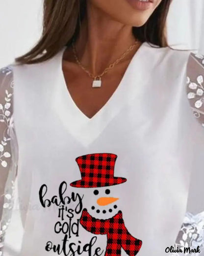 Xieyinshe - Christmas Snowman Print Contrast Lace Long Sleeve Top