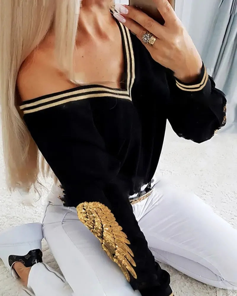 Xieyinshe - Sequin Wings Long Sleeve V-Neck Top