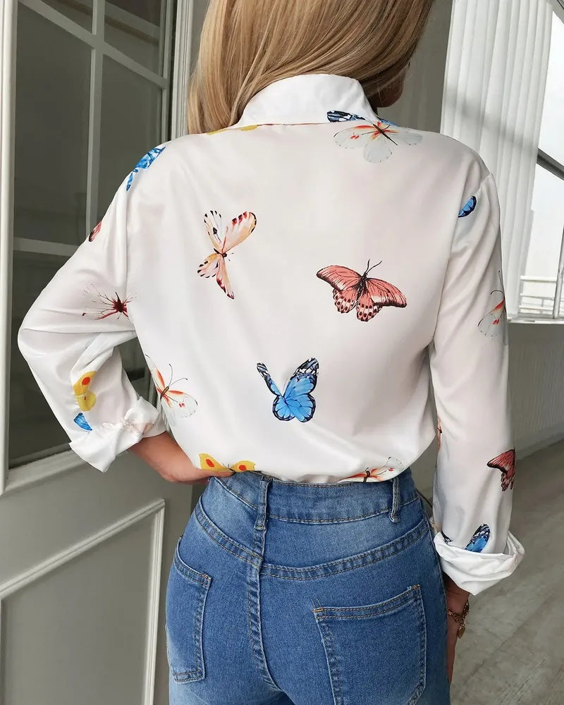 Xieyinshe - Butterfly Print Long Sleeve Button Up Top