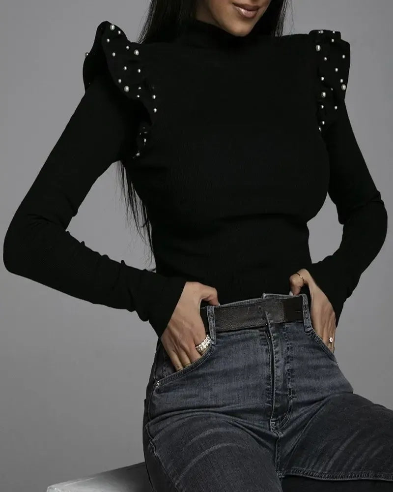 Xieyinshe - Long sleeve tight top with pearls and ruffles