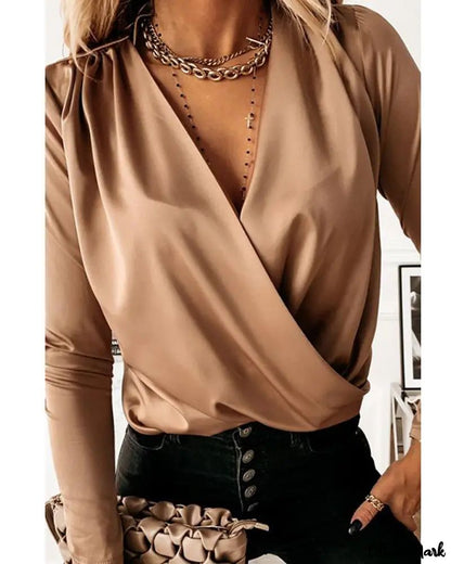 Xieyinshe - Plain Ruched Satin Long Sleeve Top