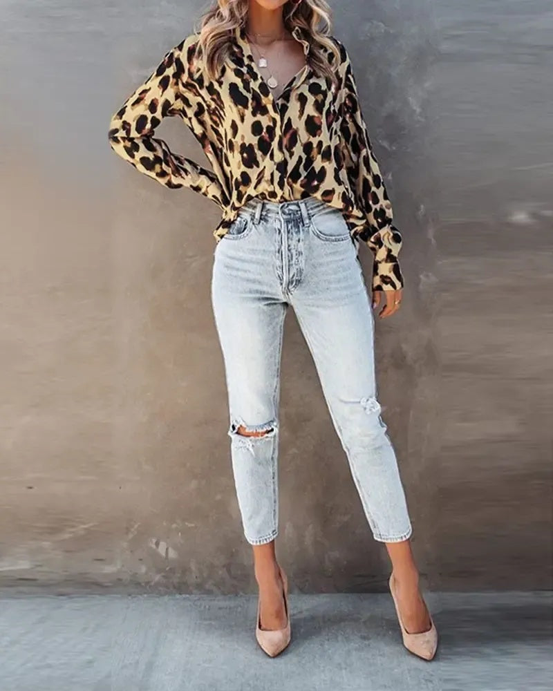 Xieyinshe - Leopard Print Long Sleeve Button Down Shirt