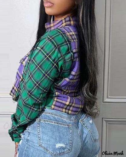 Xieyinshe - Color Block Check Print Long Sleeve Crop Top