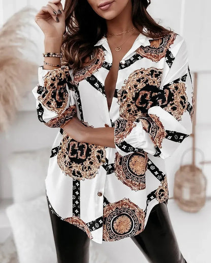 Xieyinshe - Baroque Print Button Down Long Sleeve Shirt