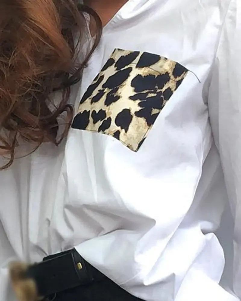 Xieyinshe - Leopard Print Color Block Long Sleeve Top