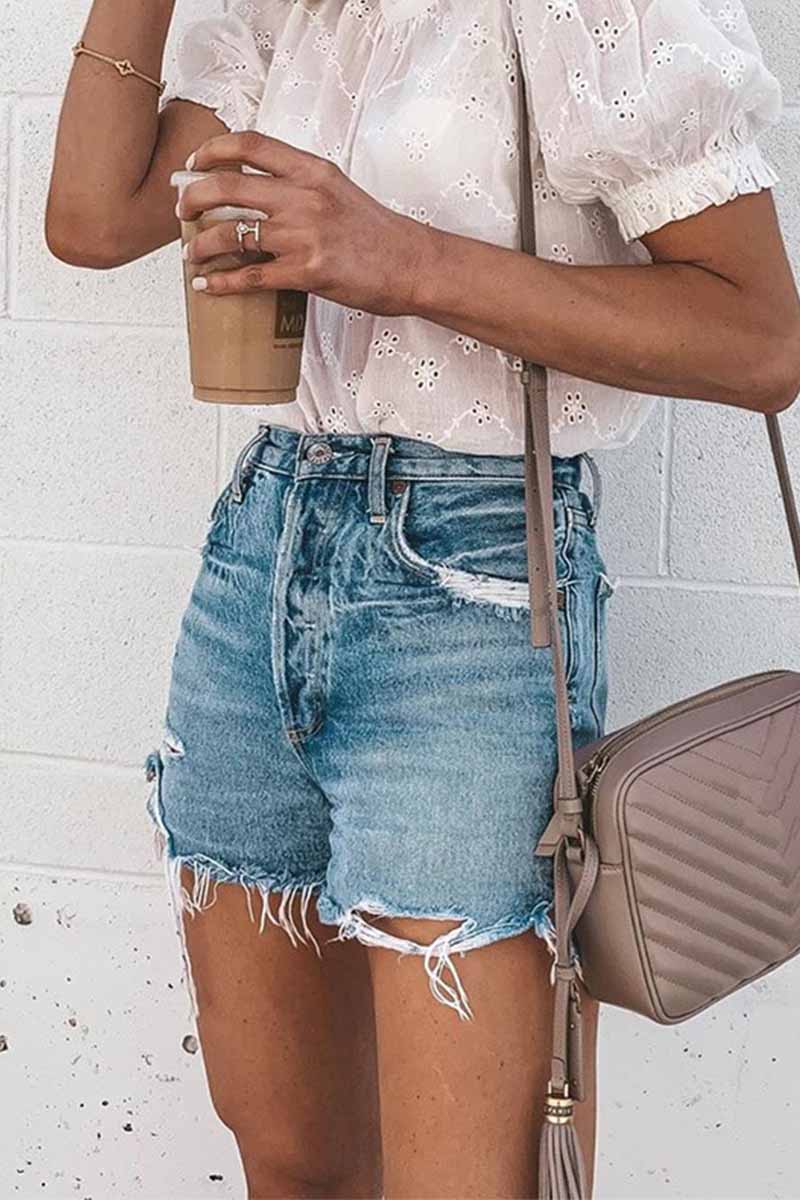 Xieyinshe  Summer Loose Button Ripped Fringed Denim Shorts