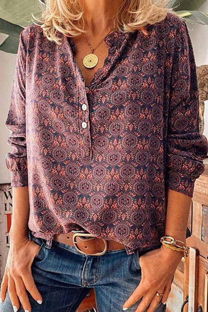 Xieyinshe Xieyinshe Vintage V-Neck Button Print Shirt(3 Colors)