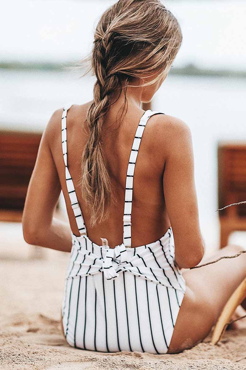 Xieyinshe Sexy Deep V Striped One-piece Swimsuit