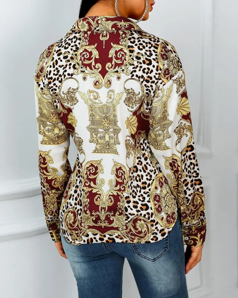 Xieyinshe - Baroque Cheetah Print Button-Down Long Sleeve Top