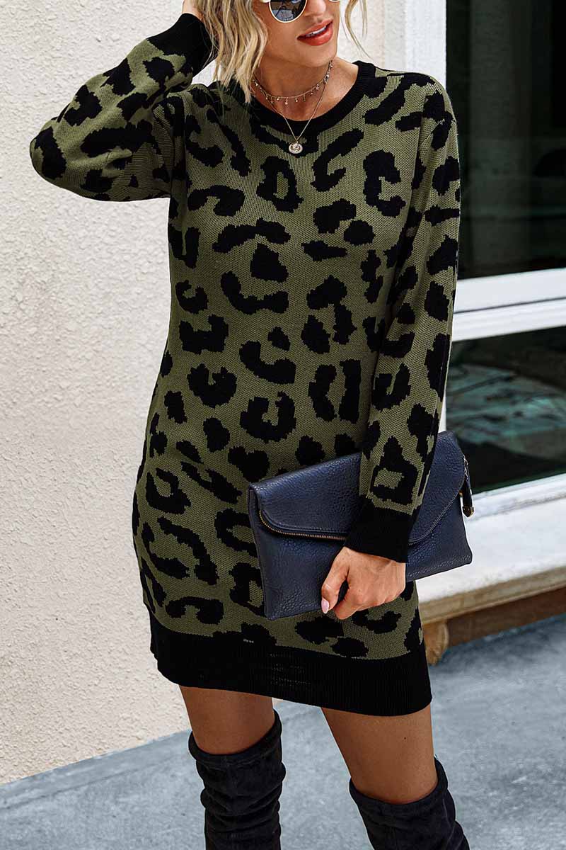 Xieyinshe Xieyinshe Leopard Print Oneck Mini Dress