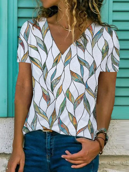 Leaves  Short Sleeve  Printed  Cotton-blend  V neck Vintage  Summer  White Top