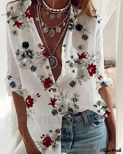 Xieyinshe - Floral Print Long Sleeve Button Down Shirt