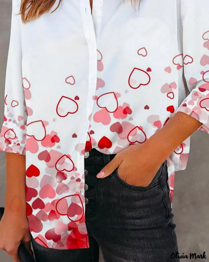 Xieyinshe - Valentine Heart Print Long Sleeve Button Down Shirt