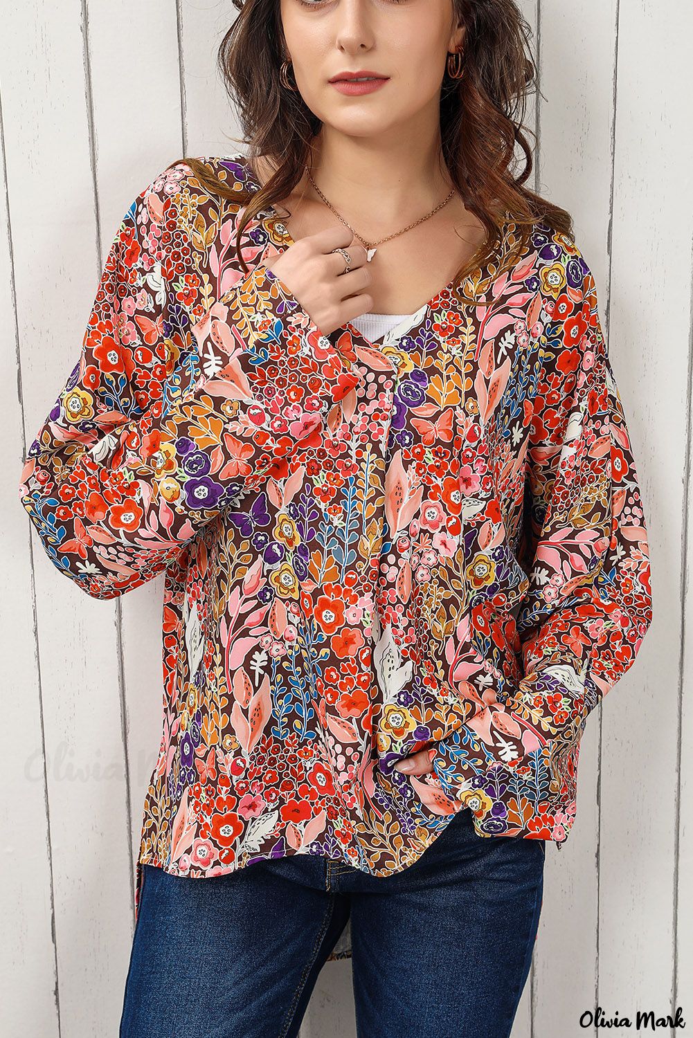 Xieyinshe - Bohemian Floral Long Sleeve V-Neck Blouse