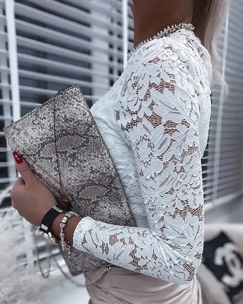 Xieyinshe - Crochet Lace Long Sleeve Sheer Mesh Top