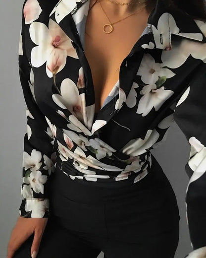 Xieyinshe - Floral Print Long Sleeve Button Down Shirt