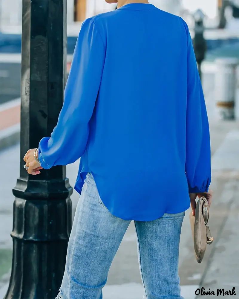 Xieyinshe - Solid Long Sleeve Curved Hem Top