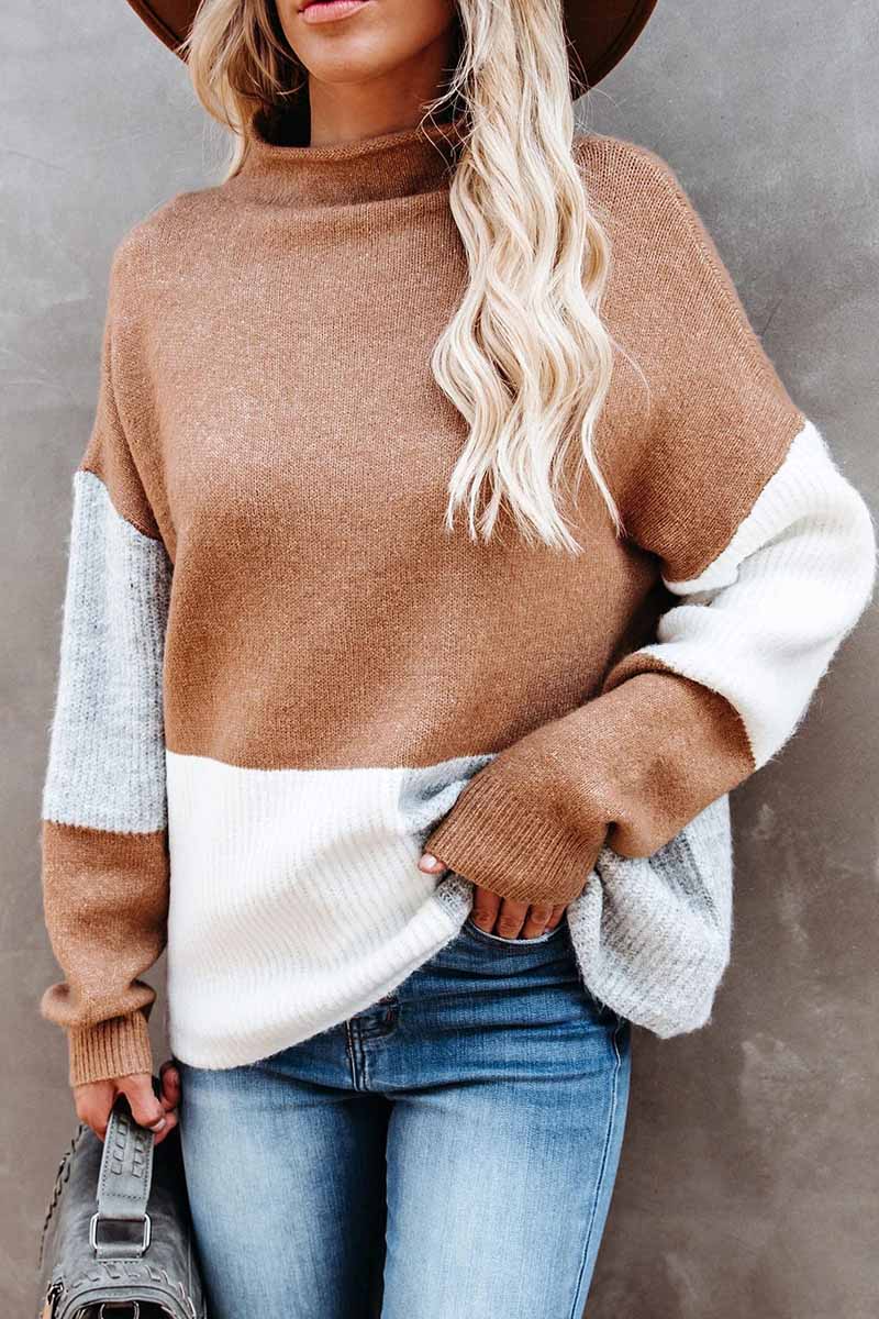 Xieyinshe Xieyinshe Contrasting Color High Neck Knitted Sweater