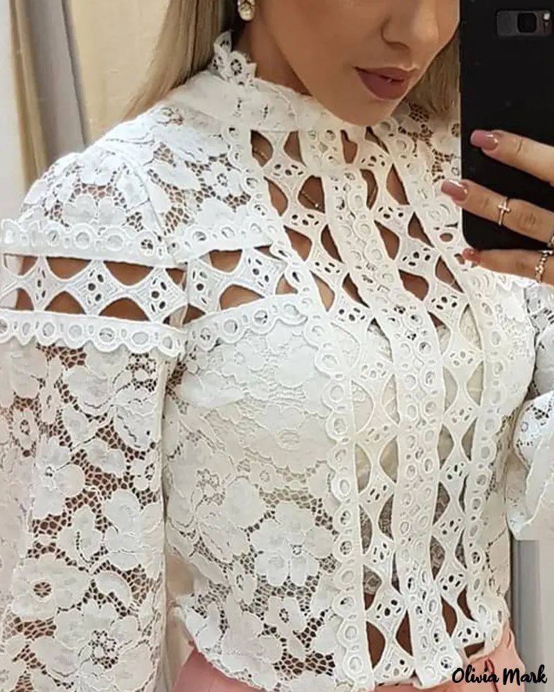 Xieyinshe - Hollow Out Long Sleeve Lace Top