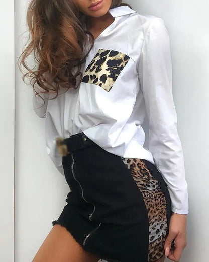 Xieyinshe - Leopard Print Color Block Long Sleeve Top