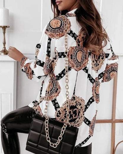 Xieyinshe - Baroque Print Button Down Long Sleeve Shirt