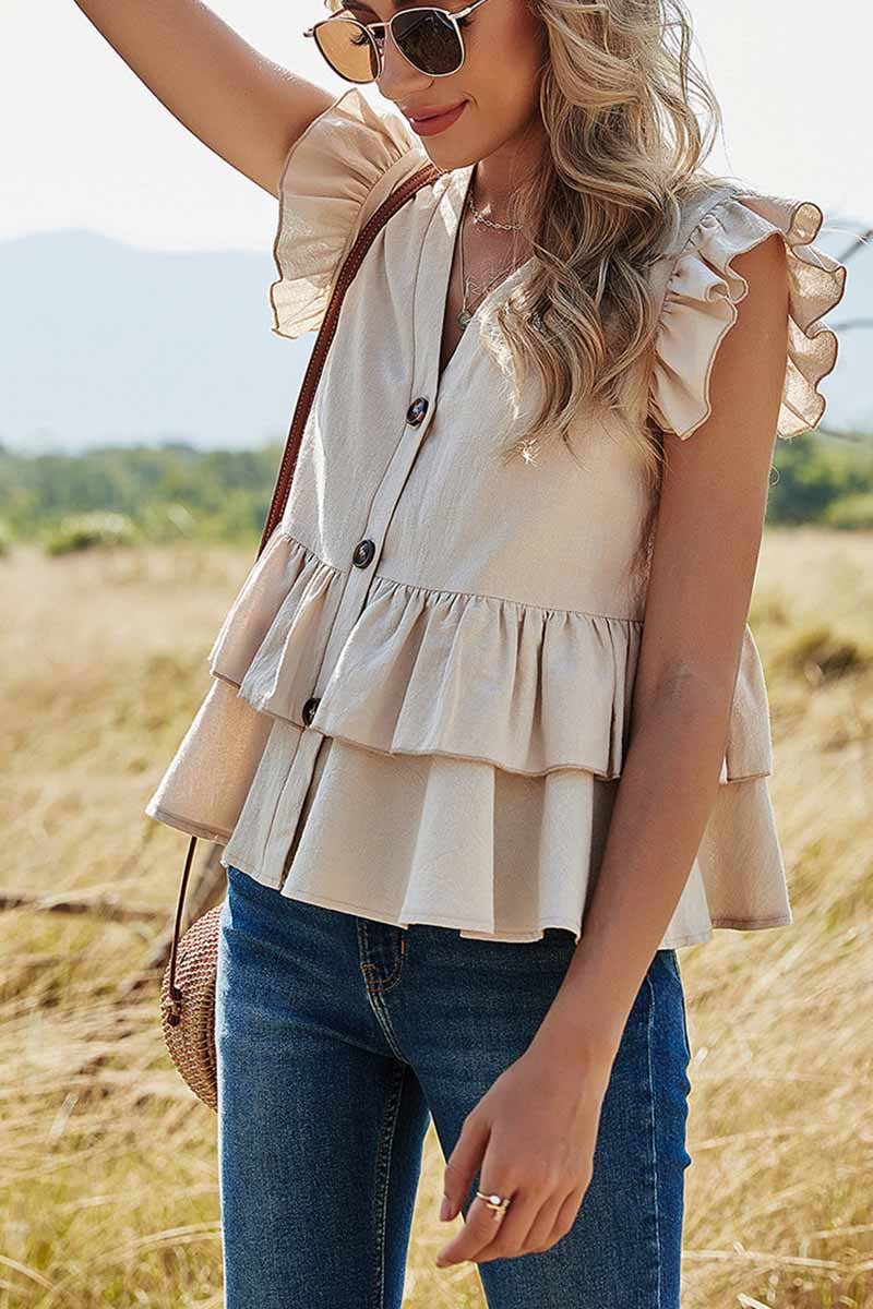 Pure Color Casual Single Row Shirt V-Neck Tops