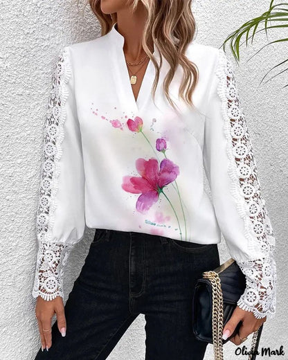 Xieyinshe - Floral Print Contrast Lace Long Sleeve Top