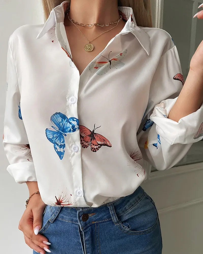 Xieyinshe - Butterfly Print Long Sleeve Button Up Top