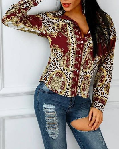 Xieyinshe - Baroque Cheetah Print Button-Down Long Sleeve Top