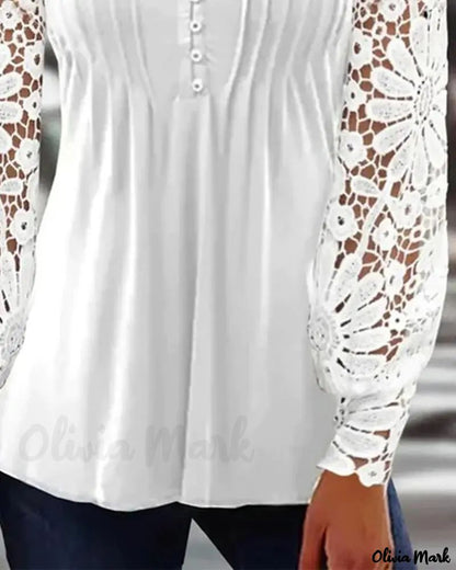 Xieyinshe - Contrast Lace Button-Down Long Sleeve Top