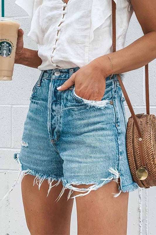 Xieyinshe Xieyinshe Summer Loose Button Ripped Fringed Denim Shorts