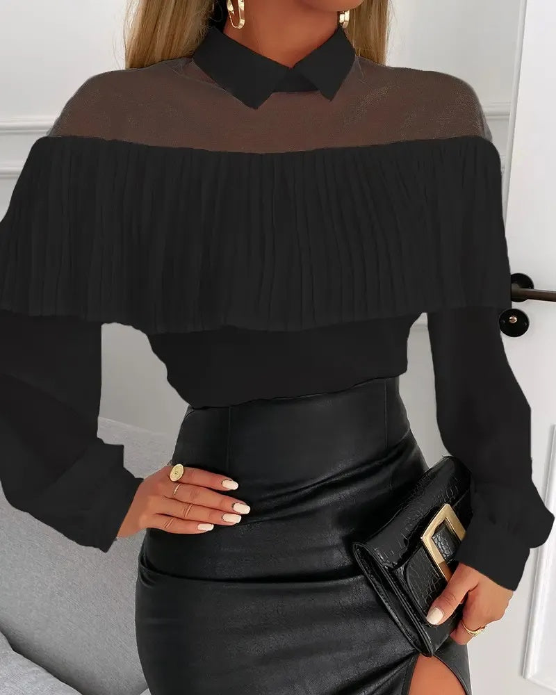 Xieyinshe - Sheer Mesh Ruffle Hem Long Sleeve Top