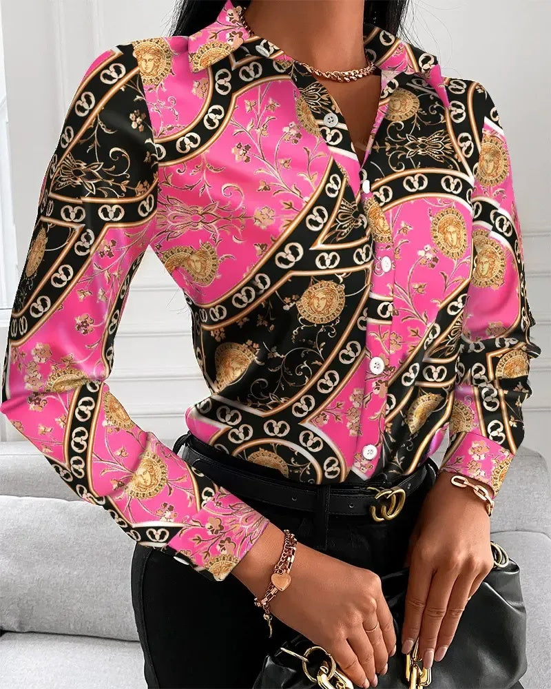 Xieyinshe - Baroque Print Button Down Long Sleeve Shirt