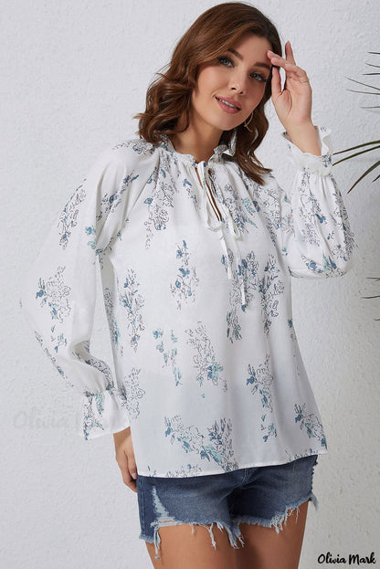 Xieyinshe - Floral Tie Neck Long Sleeve Crinkle Blouse