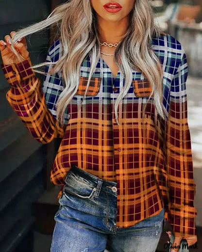 Xieyinshe - Plaid Print Long Sleeve Button-Up Shirt