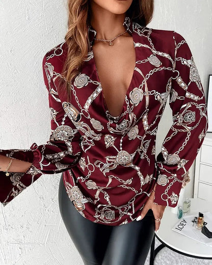 Xieyinshe - Baroque Print Cowl Neck Long Sleeve Top