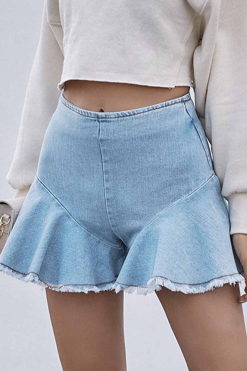 Xieyinshe Xieyinshe High-Waisted Commuter Denim Ruffled Zipper Shorts