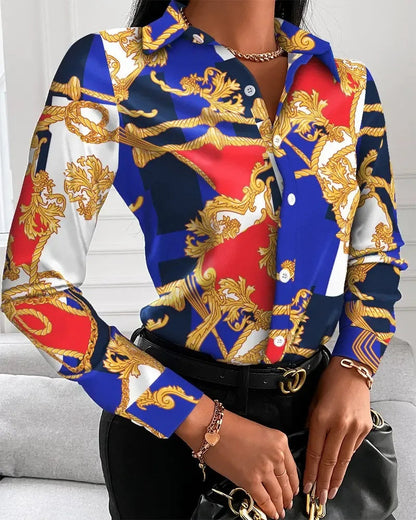 Xieyinshe - Baroque Print Long Sleeve Button Up Top