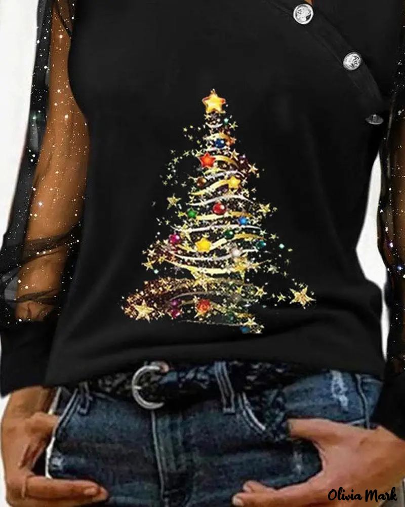 Xieyinshe - Christmas Tree Print Sheer Tulle Long Sleeve Top