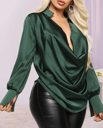 Xieyinshe - Plunge Neckline Long Sleeve Gathered Satin Shirt