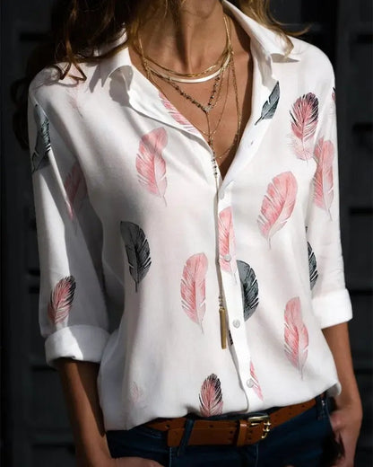 Xieyinshe - Feather Print Long Sleeve Button Down Shirt