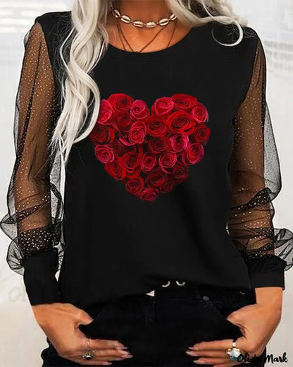 Xieyinshe - Valentine's Day Floral Heart Print Contrast Mesh Long Sleeve Top