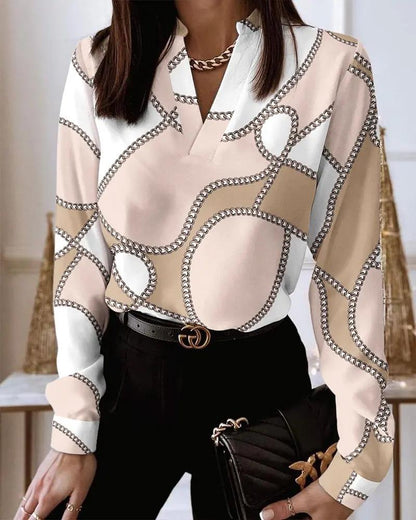 Xieyinshe - Chain Scarf Print Long Sleeve V-Neck Top