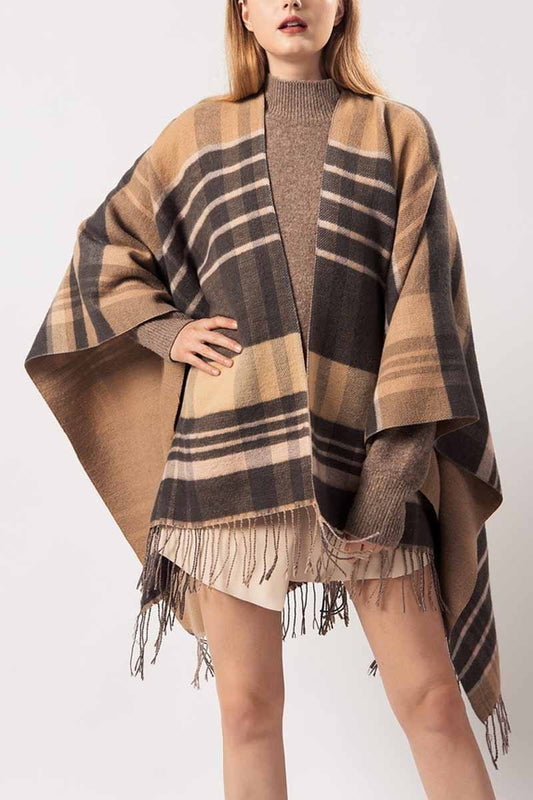 Xieyinshe Xieyinshe Essential Grid Loose Tassel Shawl Cloak(2 Colors)