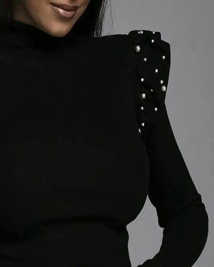 Xieyinshe - Long sleeve tight top with pearls and ruffles